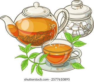 Cup of tea, teapot and sugar bowl vector set on white background