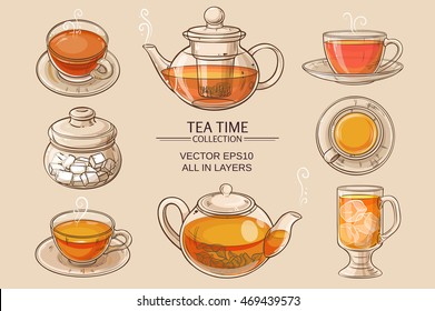 Cup of tea, teapot and sugar bowl vector set on brown  background