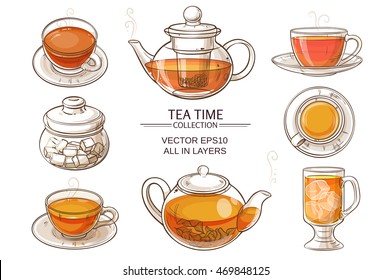 Cup of tea, teapot and sugar bowl vector set on white background