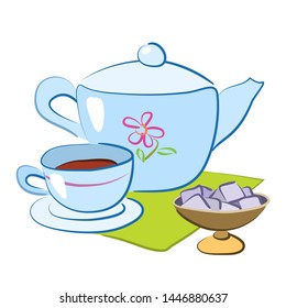 Сartoon cup of tea with teapot and sugar, brush drawings style 