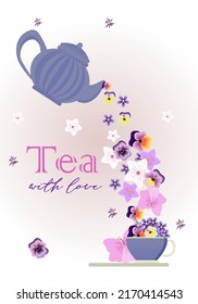 A cup of tea with a teapot surrounded by flowers. best for illustrating break time, my time. leisure enjoyment symbol, tea time, break, enjoying tea.