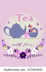 A cup of tea with a teapot surrounded by flowers. best for illustrating break time, my time. leisure enjoyment symbol, tea time, break, enjoying tea.