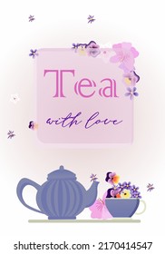 A cup of tea with a teapot surrounded by flowers. best for illustrating break time, my time. leisure enjoyment symbol, tea time, break, enjoying tea.