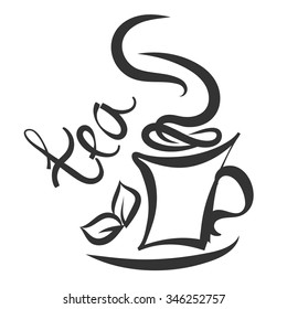 Cup of tea with text. Abstract icon isolated on white background. Silhouette vector illustration