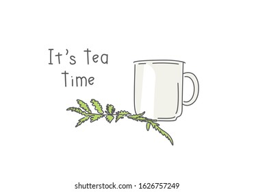 Cup of tea. It's Tea Time card. Line drawing vector illustration.