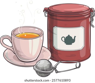 cup of tea  and tin packaging  isolated