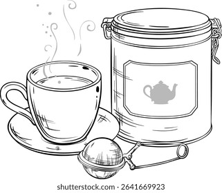 cup of tea  and tin packaging  isolated