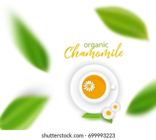 Cup of tea top view isolated on white background, cute chamomile flowers, green organic leaves flying in the air, vector illustration. Natural hot drink advertisement background.