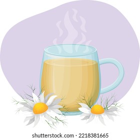 A cup of tea. Transparent cup with a hot drink. Medicinal decoction of chamomile. Tea cup with chamomile flowers. Vector illustration