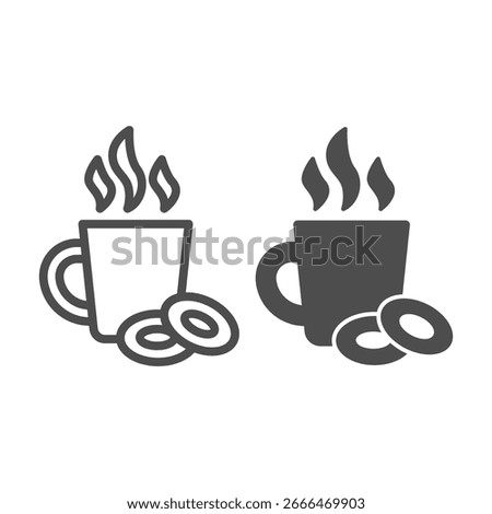 Cup of tea and two bagels line and solid icon, beverages concept. Vector graphics. Cookies with herbal hot drink sign on white background, outline style icon for mobile or web design
