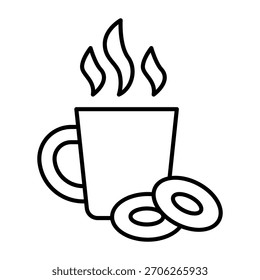 Taza de té y dos bagels icono de línea delgada, concepto de bebidas. Gráficos de Vector. Galletas con el signo herbal de la bebida caliente en el fondo blanco, icono del estilo del contorno para el móvil o el Diseño web