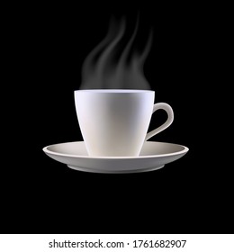 Cup of tea with vapour isolated on black background. Vector image of cup.
