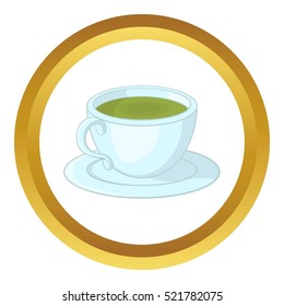 A cup of tea vector icon in golden circle, cartoon style isolated on white background