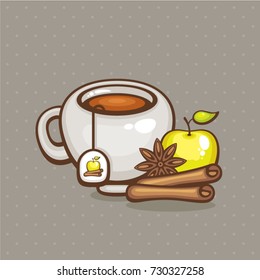 Cup of tea vector illustration. Tea with apple and cinnamon. Design for logo, menu and label. Healthy drink.