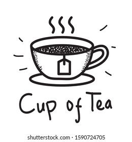 Cup of tea vector illustration with black and white hand drawn style isolated on white background. Tea doodle 