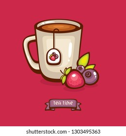 Cup of tea vector illustration. Tea with forest berries. Design for logo, menu and label. Hot vitamin drink.