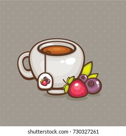 Cup of tea vector illustration. Tea with forest berries. Design for logo, menu and label.
Healthy drink.