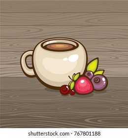 Cup of tea vector illustration. Tea with forest berries on wood backdrop. Design for logo, menu and label. Healthy drink.