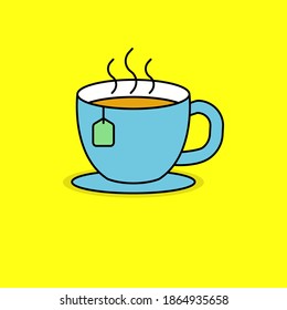 Cup of tea vector illustration isolated on yellow background. Linear color style of tea icon