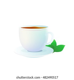 Cup of tea. Vector illustration of cup with tea isolated on white background. Tea with mint. Cup with saucer. 