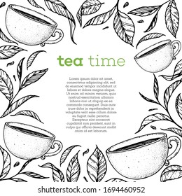  Cup of tea vector illustration. Tea leaf and cup. Hand drawn sketch. Engraved style.