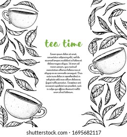 Cup of tea vector illustration. Tea leaf and cup. Hand drawn sketch. Engraved style.