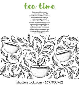Taza de ilustración vectorial de té. Hoja de té y taza. Dibujo hecho a mano. Estilo grabado.