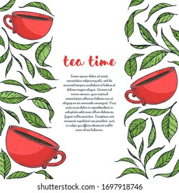 Cup of tea vector illustration. Tea leaf and cup. Hand drawn colorful illustration. Cartoon style.