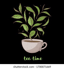 Cup of tea vector illustration. Tea leaf and cup. Hand drawn illustration.