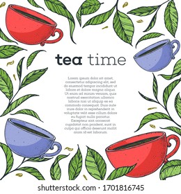 Cup of tea vector illustration. Tea leaf and cup. Hand drawn colorful illustration. Cartoon style.