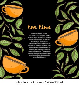 Cup of tea vector illustration. Tea leaf and cup. Hand drawn colorful illustration. Cartoon style.