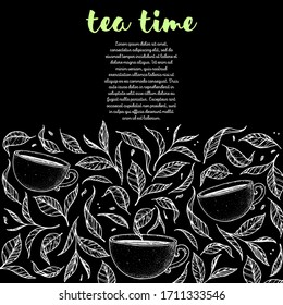 Cup of tea vector illustration. Tea leaf and cup. Hand drawn sketch. Engraved style.