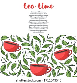 Cup of tea vector illustration. Tea leaf and cup. Hand drawn colorful illustration. Cartoon style.