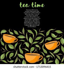 Cup of tea vector illustration. Tea leaf and cup. Hand drawn colorful illustration. Cartoon style.