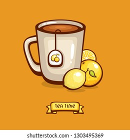 Cup of tea vector illustration. Tea with lemon and orange. Design for logo, menu and label. Hot vitamin drink.