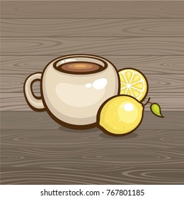 Cup of tea vector illustration. Tea with lemon on wood backdrop. Design for logo, menu and label. Healthy drink.