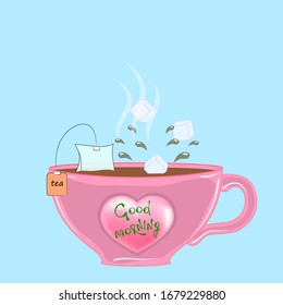taza de té. ilustración vectorial en un fondo azul.