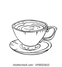 A cup of tea. Vector illustration. A sketch drawn by a line isolated on a white background.