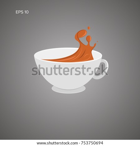 Cup of tea vector illustration. Tilting cofee in the mug. Hot drink drops