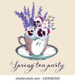 Cup of tea with vector spring flowers, tea party