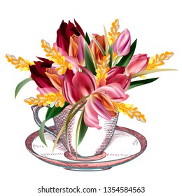 Cup of tea with vector spring flowers tulips, tea party