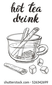 Cup of tea vector.Hand drawn cup,sugar,cinnamon.Doodle Outline. Vintage christmas, new year sketch, Illustration.Hot drink, Oranges,lettering. Winter season card, cafe menu.