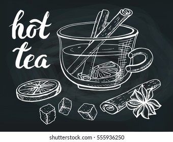 Cup of tea vector.Hand drawn cup,sugar,cinnamon.Doodle Outline. Vintage christmas, new year sketch, Illustration.Hot drink, Oranges,lettering. Winter season card, cafe menu.Chalkboard