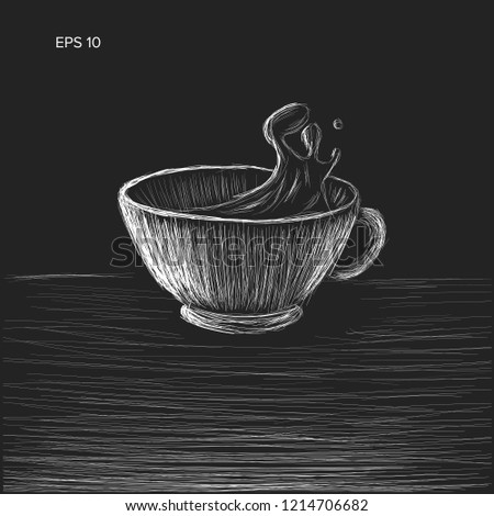 Cup of tea vectorhand drawn skecth. Tilting cofee in the mug. Hot drink drops chalk style illustration