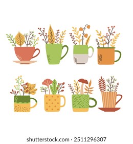 Cup with tea or wine and spices, hot drink on a cold day. Herbal autumn tea. Isolated vector illustration in flat design