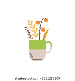 Cup with tea or wine and spices, hot drink on a cold day. Herbal autumn tea. Isolated vector illustration in flat design