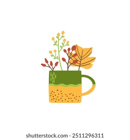 Cup with tea or wine and spices, hot drink on a cold day. Herbal autumn tea. Isolated vector illustration in flat design