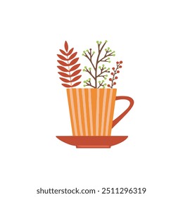 Cup with tea or wine and spices, hot drink on a cold day. Herbal autumn tea. Isolated vector illustration in flat design