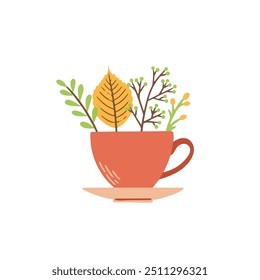 Cup with tea or wine and spices, hot drink on a cold day. Herbal autumn tea. Isolated vector illustration in flat design
