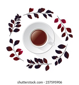 Cup of tea. Wreath of twigs in composition with cup on white background.